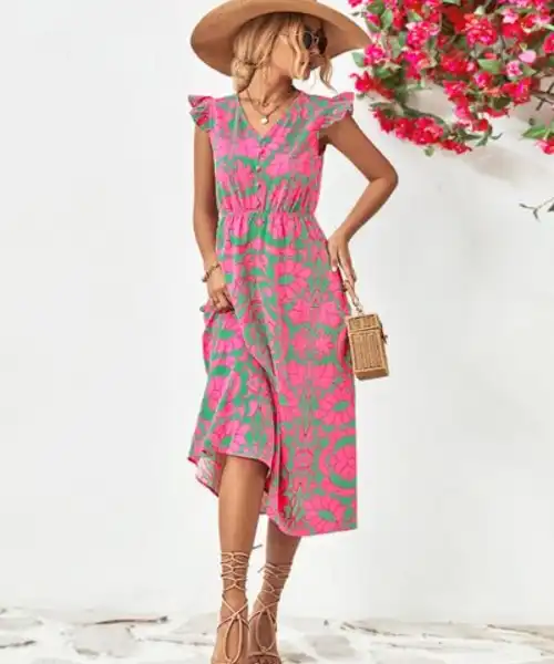 Printed V-Neck Cap Sleeve Dress