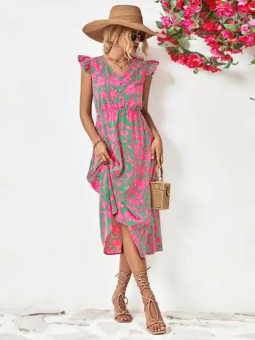 Printed V-Neck Cap Sleeve Dress - Image 5