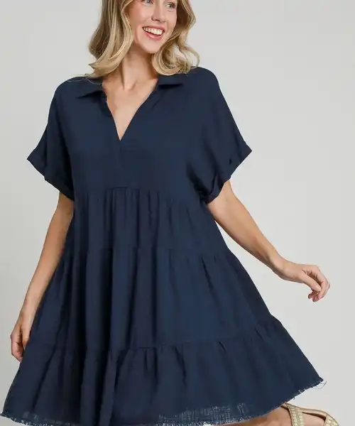 Umgee Full Size Raw Hem Folded Sleeve Tiered Dress Plus Size
