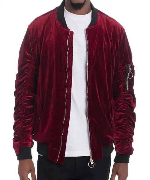 Velour Cinch Sleeve Bomber Jacket