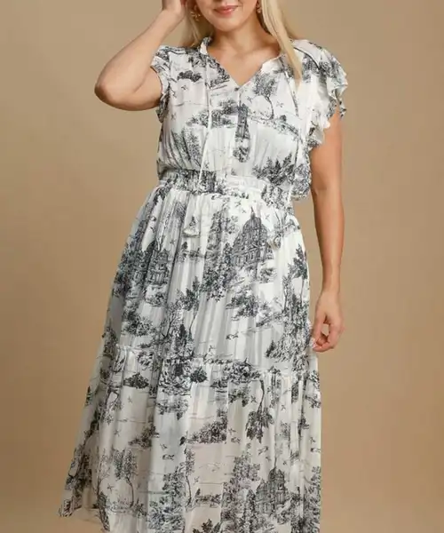 Umgee Full Size Two Tone Landscape Print Midi Dress Plus Size