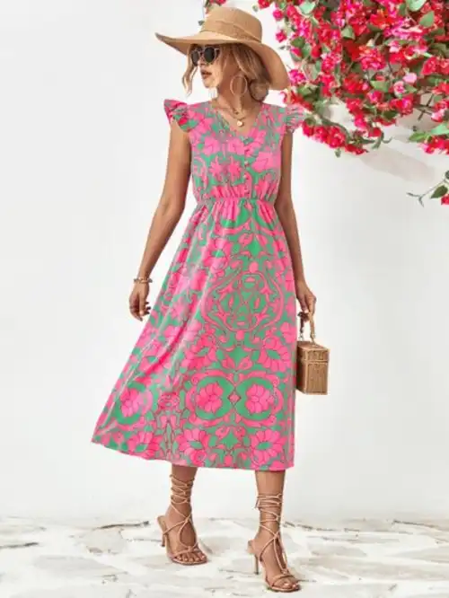 Printed V-Neck Cap Sleeve Dress - Image 3