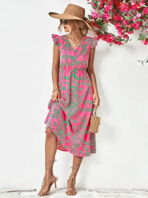Printed V-Neck Cap Sleeve Dress - Image 4