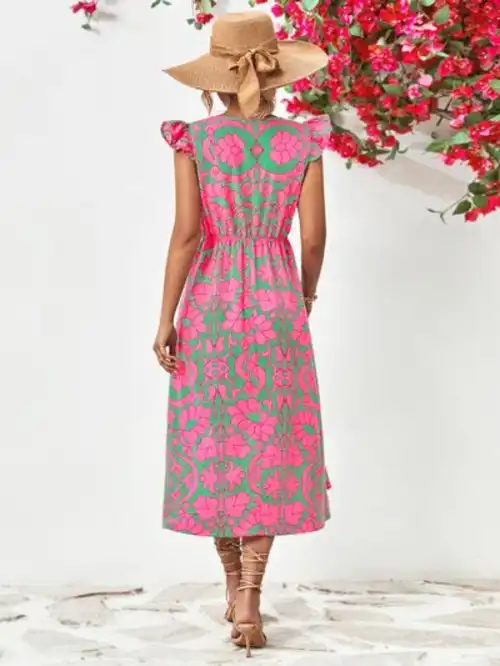 Printed V-Neck Cap Sleeve Dress - Image 2