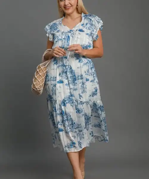 Umgee Full Size Two Tone Landscape Print Midi Dress Plus Size