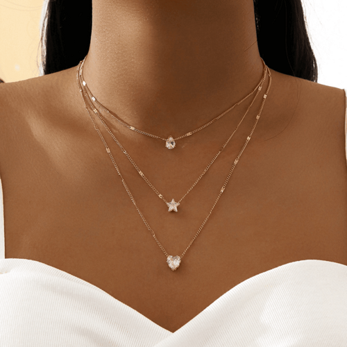 zircon necklace multi layer five pointed star love water drop pendant