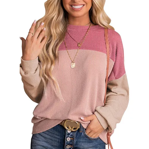 data-6.jpg Womens Color Block Long Sleeve Crewneck Knitted Casual Pullover Tops